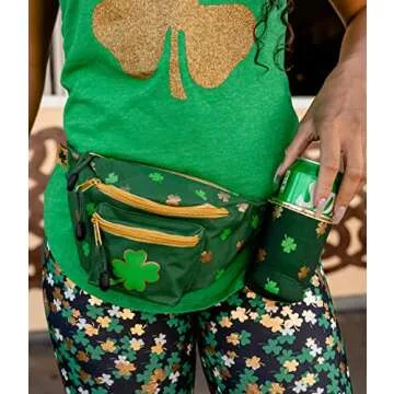 Tipsy Elves St Patrick’s Day Clover Fanny Pack with Drink Holder - Green Adjustable Belt Waist Packs - Secure Zipper Pocket for Storing Essentials
