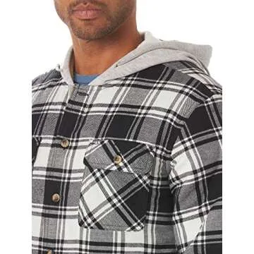 Wrangler Authentics Men's Long Sleeve Quilted Lined Flannel Shirt Jacket with Hood, Black Off-White, Small
