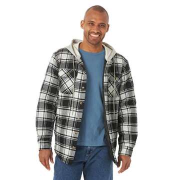 Wrangler Authentics Men's Long Sleeve Quilted Lined Flannel Shirt Jacket with Hood, Black Off-White, Small