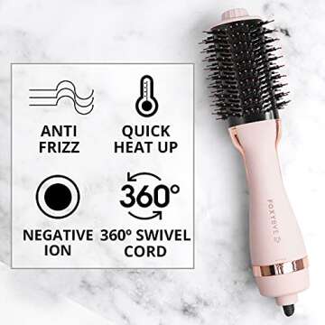 FoxyBae Hair Dryer Brush, Baby Blush, 60mm - Pro Volumizer Hot Air Dryer Brush, 2 Heat settings & Cool shot, Ceramic Tourmaline Ionic Technology, Dual Bristles, for Healthy Hair, Blush Color