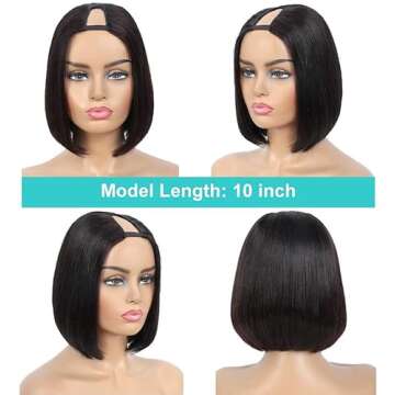 PANEWAY U Part Wig Human Hair Wigs For Black Women 10 inch Short Bob Straight Wig Brazilian Remy Human Hair Bob Wigs Clip in Half Wig U Part Hair Extensions Natural Color