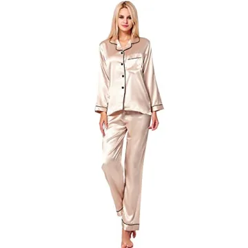 Luxurious SWOMOG Women's Silk Satin Pajamas Set in Champagne