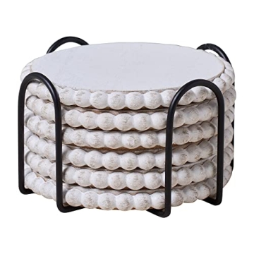 GENMOUS 6 Pack Farmhouse Wooden Bead Coasters with Metal Holder for Coffee Table Decor, Round Handma...