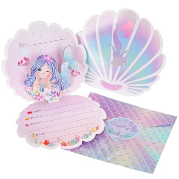 OurWarm 24PCS Mermaid Birthday Invitations Girl with Envelopes, 3D Pearlescent Birthday Party Invita...