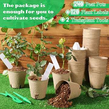 240 Pcs 3.15 Inch Peat Pots Seedling Start Trays Kit Seed Pots for Planting Germination Nursery Pots with Drainage Holes Small Seedling Pots Herb Seed Planter with 120 Plant Labels, 2 Transplant Tool