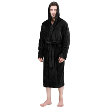 NY Threads Men's Hooded Fleece Bathrobe - Soft Plush Spa Robe
