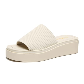 Athlefit Women's Slip On Platform Sandals: Comfortable Open Toe Flatform Chunky Sandals in Beige