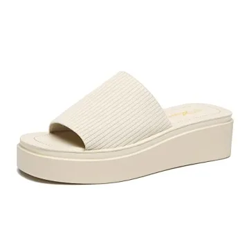 Athlefit Women's Slip On Platform Sandals: Comfortable Open Toe Flatform Chunky Sandals in Beige