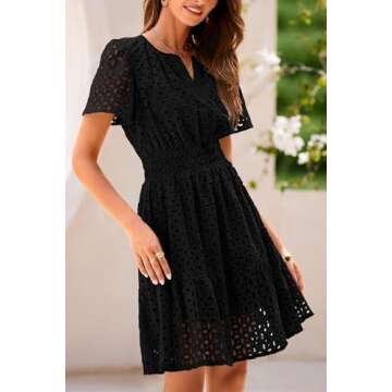 PRETTYGARDEN Womens 2025 Summer Short Dress V Neck Short Sleeve A Line Hollow Out Lace Ruffle Cute Casual Beach Party Dresses (Black,Small)