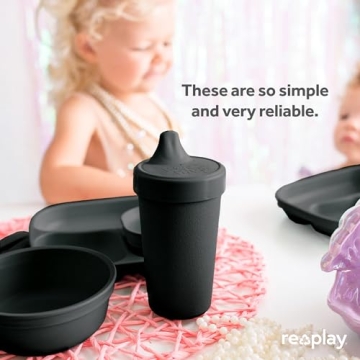 Re-Play Made in USA 10 Oz. Sippy Cups for Toddlers, Pack of 4 - Reusable Spill Proof Cups for Kids, Dishwasher/Microwave Safe - Hard Spout Sippy Cups for Toddlers 3.13" x 6.25", Monochrome