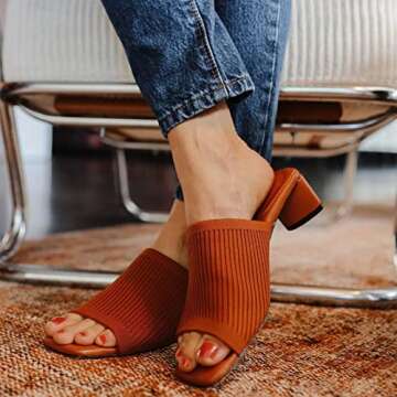 TIJN Open Toe Heeled Mules for Women, Square Flat, Triangle Low Block Heels, Recycled Knit Fabric, 1...