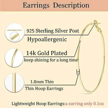 Cocadant Large Gold Hoop Earrings for Women,3 Colors Thin 70mm/2.76inch Silver Hoop Earrings Set Stainless Steel 14K Rose Gold Plated with Hypoallergenic Sterling Silver Post