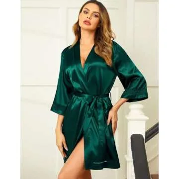 Ekouaer Women's Lace-Trim Silk Robes Bride Bridesmaid Kimono Satin Bathrobe V Neck Sleepwear with 3/4 Sleeve