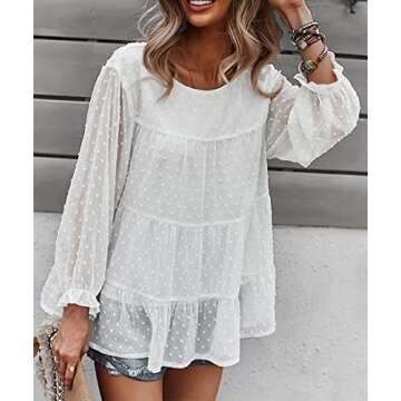 PRETTYGARDEN Women's Summer Loose Chiffon Blouse Mesh Long Sleeve Casual Round Neck Peplum Tops (Whi...