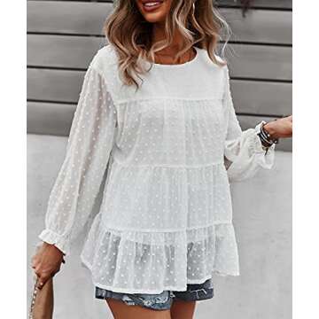 PRETTYGARDEN Women's Summer Loose Chiffon Blouse Mesh Long Sleeve Casual Round Neck Peplum Tops (White,Medium)