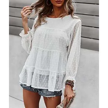 PRETTYGARDEN Women's Summer Loose Chiffon Blouse Mesh Long Sleeve Casual Round Neck Peplum Tops (White,Medium)