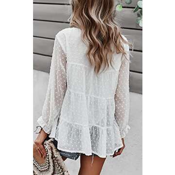 PRETTYGARDEN Women's Summer Loose Chiffon Blouse Mesh Long Sleeve Casual Round Neck Peplum Tops (White,Medium)