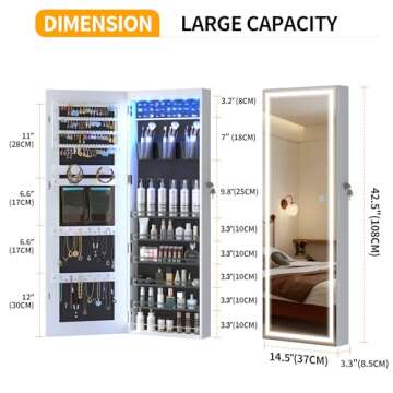 LVSOMT LED Mirror Jewelry Cabinet, Wall/Door Mount Jewelry Armoire Organizer with Lights, Full Lengt...