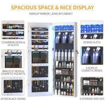 LVSOMT LED Mirror Jewelry Cabinet, Wall/Door Mount Jewelry Armoire Organizer with Lights, Full Length Mirror with Jewelry Storage, Over the Door Hanging Jewelry Cabinet (White)