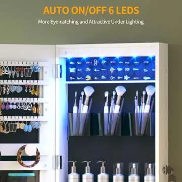 LVSOMT LED Mirror Jewelry Cabinet, Wall/Door Mount Jewelry Armoire Organizer with Lights, Full Length Mirror with Jewelry Storage, Over the Door Hanging Jewelry Cabinet (White)