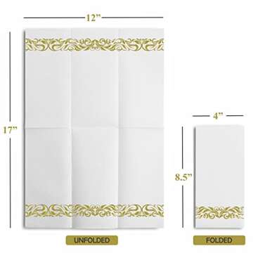 BloominGoods Disposable Guest Towels for Bathroom - Linen-Feel Hand Towel -Paper Napkins for Party, Wedding or Dinner - Premium Quality Soft Absorbent Napkins White and Gold 8.5 X 4" Folded 100 Pack