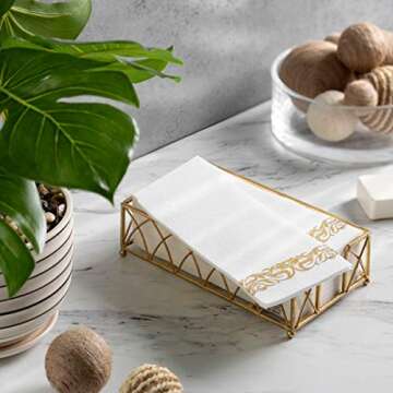 BloominGoods Disposable Guest Towels for Bathroom - Linen-Feel Hand Towel -Paper Napkins for Party, Wedding or Dinner - Premium Quality Soft Absorbent Napkins White and Gold 8.5 X 4" Folded 100 Pack