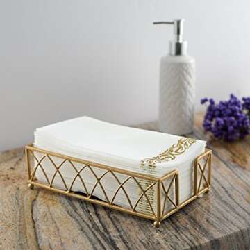 BloominGoods Disposable Guest Towels for Bathroom - Linen-Feel Hand Towel -Paper Napkins for Party, Wedding or Dinner - Premium Quality Soft Absorbent Napkins White and Gold 8.5 X 4" Folded 100 Pack