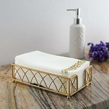 BloominGoods Disposable Guest Towels for Bathroom - Linen-Feel Hand Towel -Paper Napkins for Party, Wedding or Dinner - Premium Quality Soft Absorbent Napkins White and Gold 8.5 X 4" Folded 100 Pack