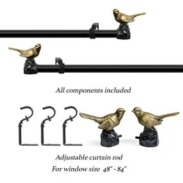 Meriville 1-Inch Diameter Single Window Treatment Curtain Rod, Renaissance Gold Bird Finials, 48-Inch to 84-Inch Black Rod