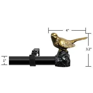 Meriville 1-Inch Diameter Single Window Treatment Curtain Rod, Renaissance Gold Bird Finials, 48-Inch to 84-Inch Black Rod