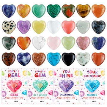 Valentines Day Gifts for Kids,28 Pack Valentines Cards with Heart Shape Crystals Gemstones Bulk for ...