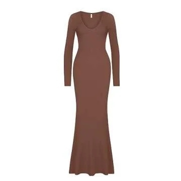 REORIA Women's Sexy Soft Lounge Ribbed Long Dress Fall Elegant Formal Wedding Guest Long Sleeve Deep V Neck Bodycon Maxi Dresses Coffee X-Small