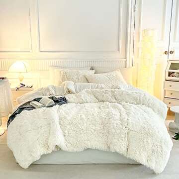 Shaggy Comforter Set Cream Queen Size 3 Pieces Winter Faux Fur Comforter Set with 2 Pillowcases Ultr...