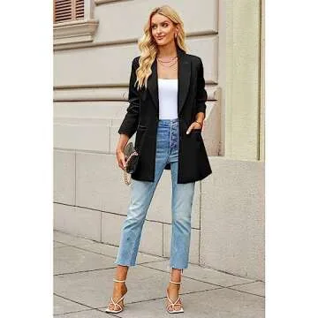 luvamia Blazers for Women Business Casual Long Blazer Jackets Dressy Work Professional Office Outfits Lapel Pockets Long Blazer Jackets for Women Blazer Women Black Size Medium Size 8 Size 10