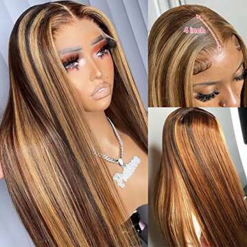 Lakin Highlight Ombre Lace Front Wigs Human Hair Pre Plucked Hairline with Baby Hair Bleached Knots 180 Density 4/27 4x4 Glueless Lace Closure Straight wig Human Hair Wigs for Black Women (24 inch)