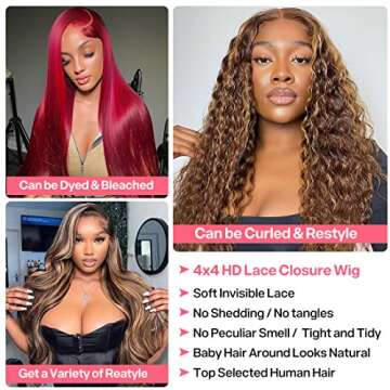 Lakin Highlight Ombre Lace Front Wigs Human Hair Pre Plucked Hairline with Baby Hair Bleached Knots 180 Density 4/27 4x4 Glueless Lace Closure Straight wig Human Hair Wigs for Black Women (24 inch)