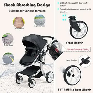 BABY JOY 2-in-1 High Landscape Baby Stroller, Reversible Bassinet Reclining Stroller, Foldable Push Chair w/Adjustable Canopy, Storage Bag, Foot Cover, Rain Cover & Net, Aluminum Alloy Frame (Black)