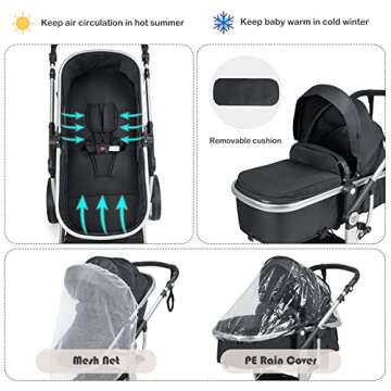BABY JOY 2-in-1 High Landscape Baby Stroller, Reversible Bassinet Reclining Stroller, Foldable Push Chair w/Adjustable Canopy, Storage Bag, Foot Cover, Rain Cover & Net, Aluminum Alloy Frame (Black)