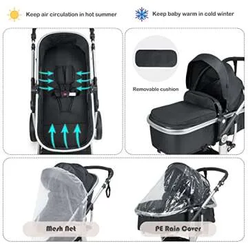 BABY JOY 2-in-1 High Landscape Baby Stroller, Reversible Bassinet Reclining Stroller, Foldable Push Chair w/Adjustable Canopy, Storage Bag, Foot Cover, Rain Cover & Net, Aluminum Alloy Frame (Black)