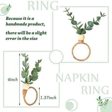 Chengu 6 Pieces Napkin Rings Set Eucalyptus Napkin Rings Greenery Leaf Boho Napkin Rings Rustic Farmhouse Wooden Napkin Holders for Wedding Home Dining Banquet Christmas Easter Holiday Table Decor