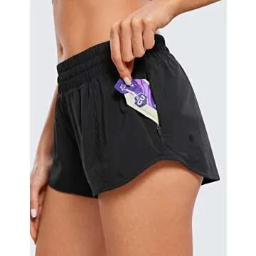 CRZ YOGA Women's Running Shorts Low Waisted 2.5" - Mesh Liner Quick Dry for Track Gym Athletic Workout with Zip Pocket Black Medium