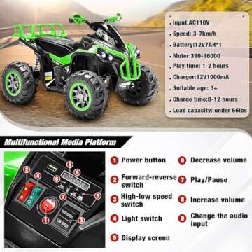 Soar Four Wheeler for Kids - Electirc Toddler 4 Wheeler for Kids 3-6, Ride on ATV 12v Battery Powered, Kids Quad with LED Lights, Music, High Low Speed, USB/TF, Treaded Tires, Green
