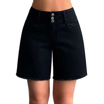 roswear Women's Stretchy Wide Leg High Waisted Frayed Hem Long Jean Shorts Black Medium