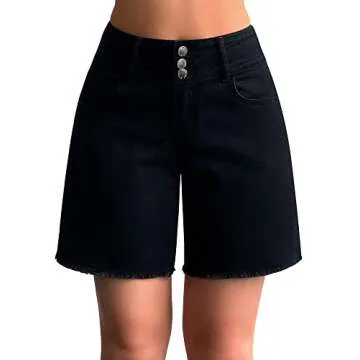 roswear Women's Stretchy Wide Leg High Waisted Frayed Hem Long Jean Shorts Black Medium