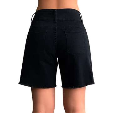 roswear Women's Stretchy Wide Leg High Waisted Frayed Hem Long Jean Shorts Black Medium