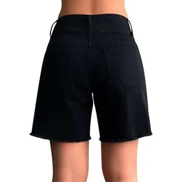 roswear Women's Stretchy Wide Leg High Waisted Frayed Hem Long Jean Shorts Black Medium