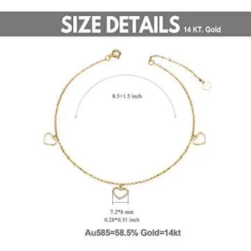 SISGEM 14K Gold Anklets for Women, Yellow Gold Heart Ankle Chain Bracelet Love Jewelry for Her 8"-10"
