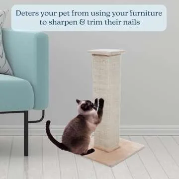 Cat Scratching Post with Carpeted Base - 27.75-Inch Sisal Burlap Fabric Scratcher - Furniture Scratching Deterrent for Indoor Cats by PETMAKER (Beige)