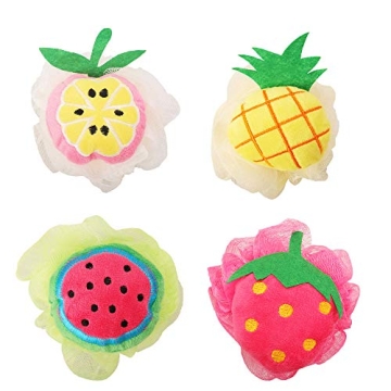 Rocutus 4pcs Child Bath Shower Sponge Pouf Loofahs Mesh Brush Shower Ball Cute Bath Flower with Hook...
