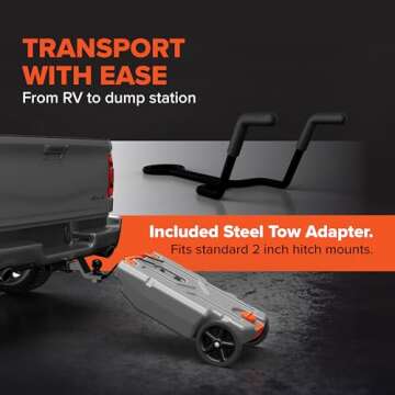 Camco Rhino 21-Gallon Portable Camper/RV Tote Tank - Features Large Heavy-Duty No-Flat Wheels & Low Drain Hole - Includes Removable Steel Tow Adapter, 3’ RV Sewer Hose & More RV Accessories (39002)